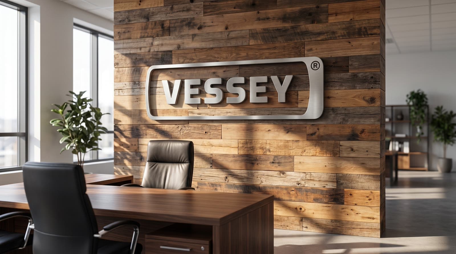 Wood-plank office with a raised Vessey sign on the wall