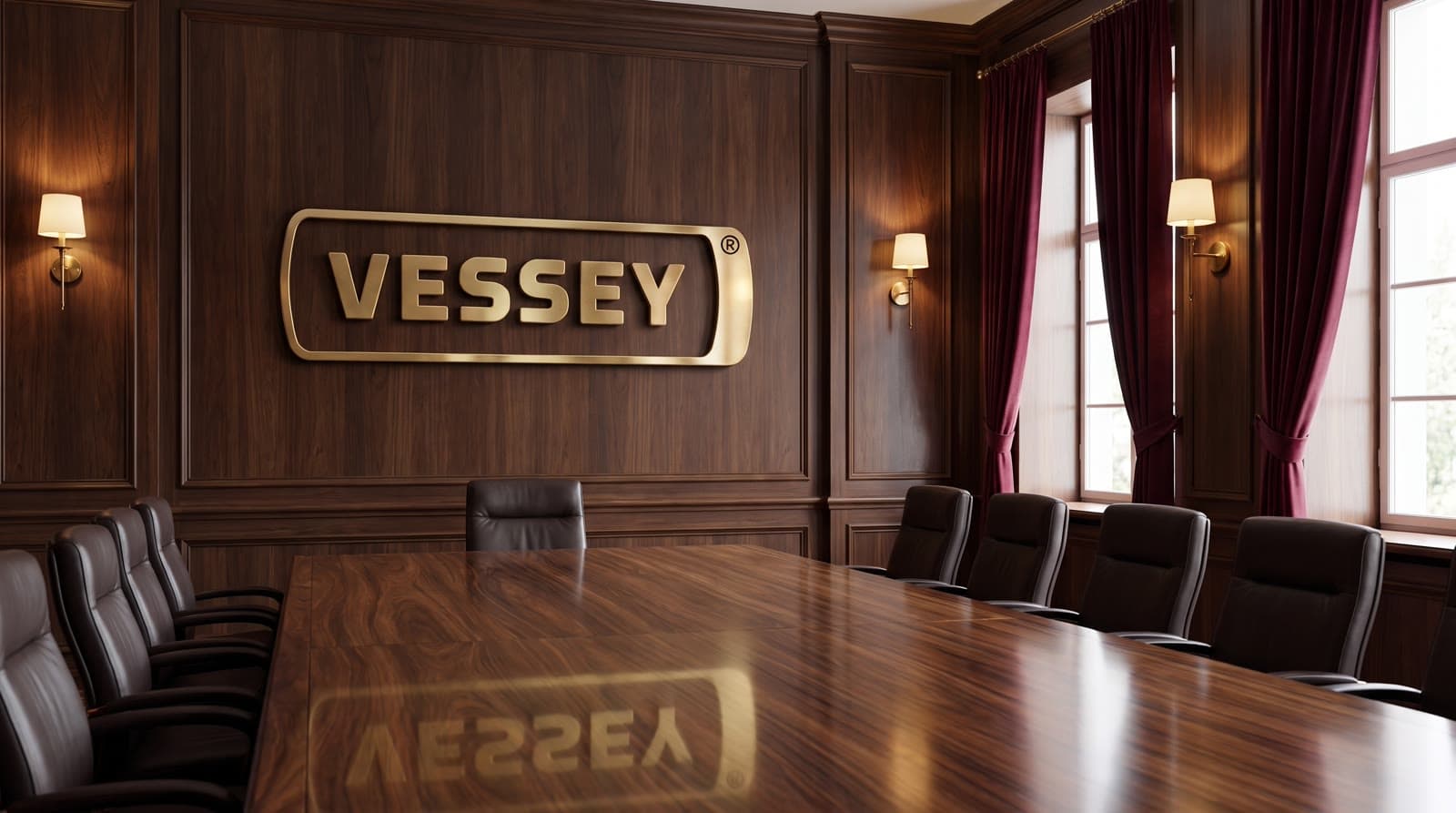Walnut boardroom with a backlit Vessey logo
