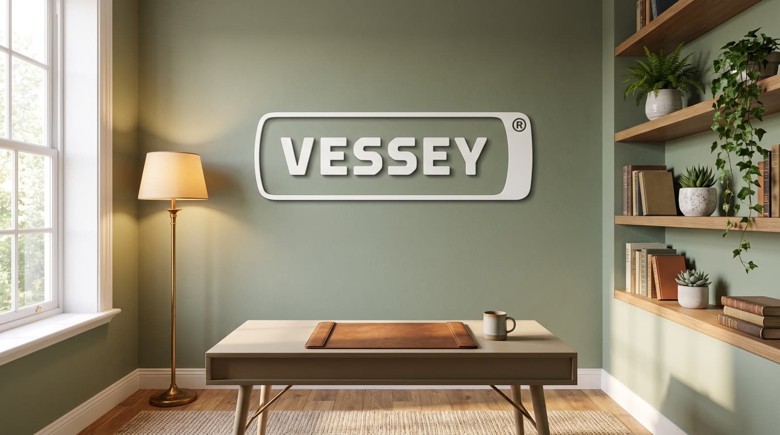 Home study with a Vessey sign above the shelves