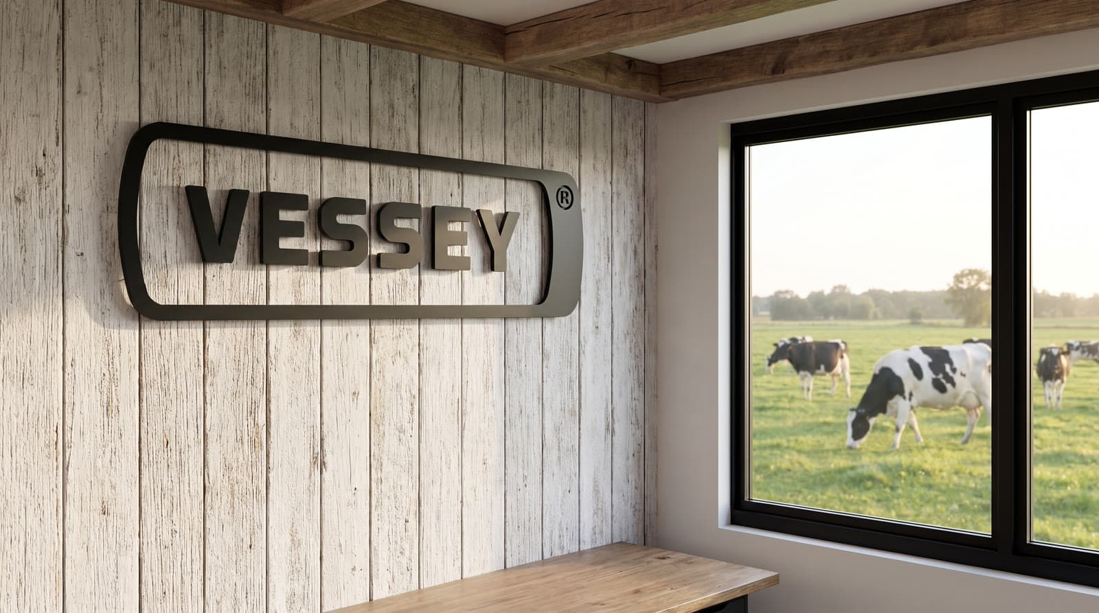 Barn office with Holsteins visible through the window