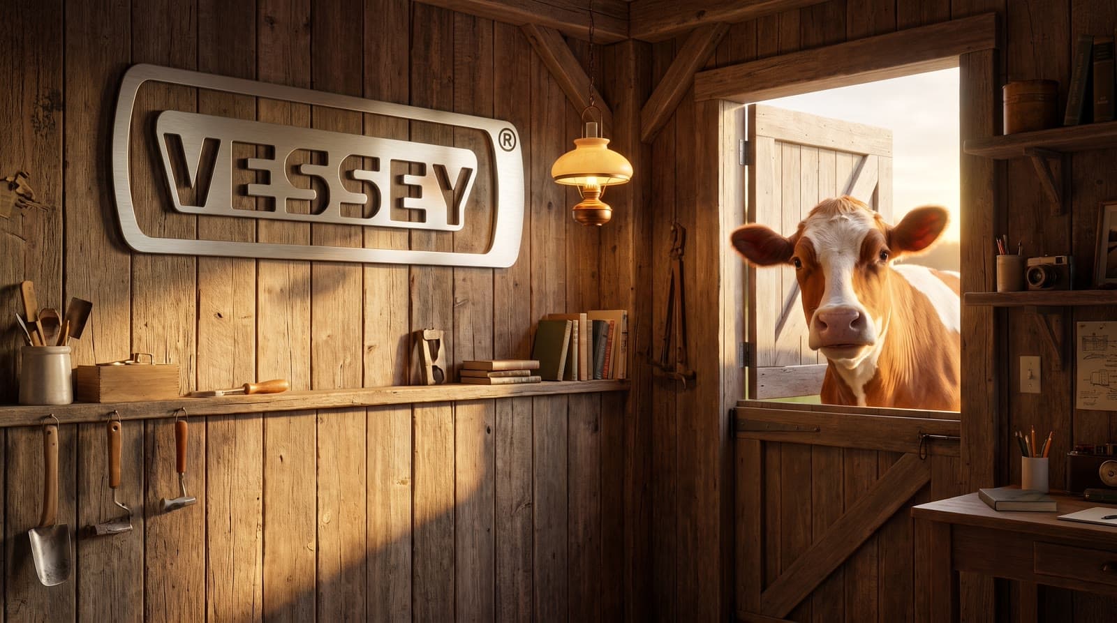 Farm office with a Guernsey cow looking in through the Dutch door