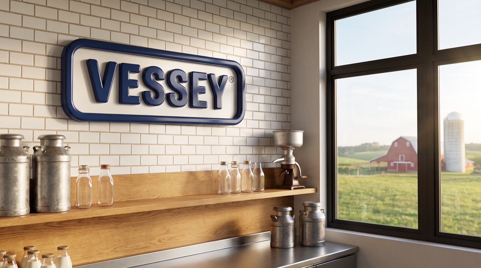 Creamery office with a Vessey sign on white tile