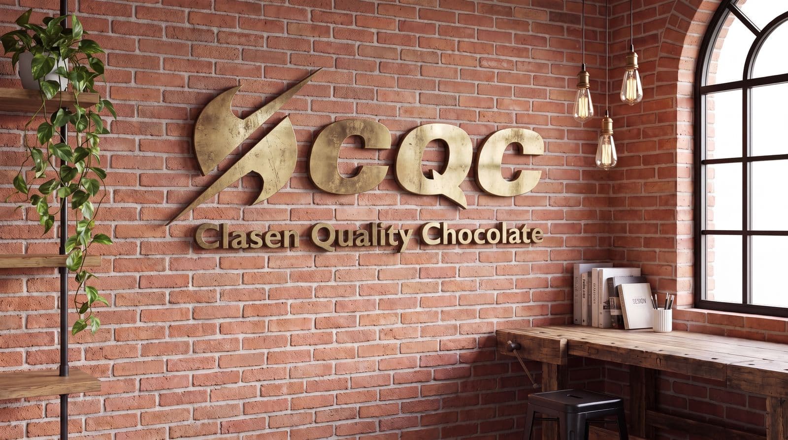 Brick studio with the Clasen Quality Chocolate logo as brass letters on the wall, lit by Edison bulbs, with a workbench under an arched window