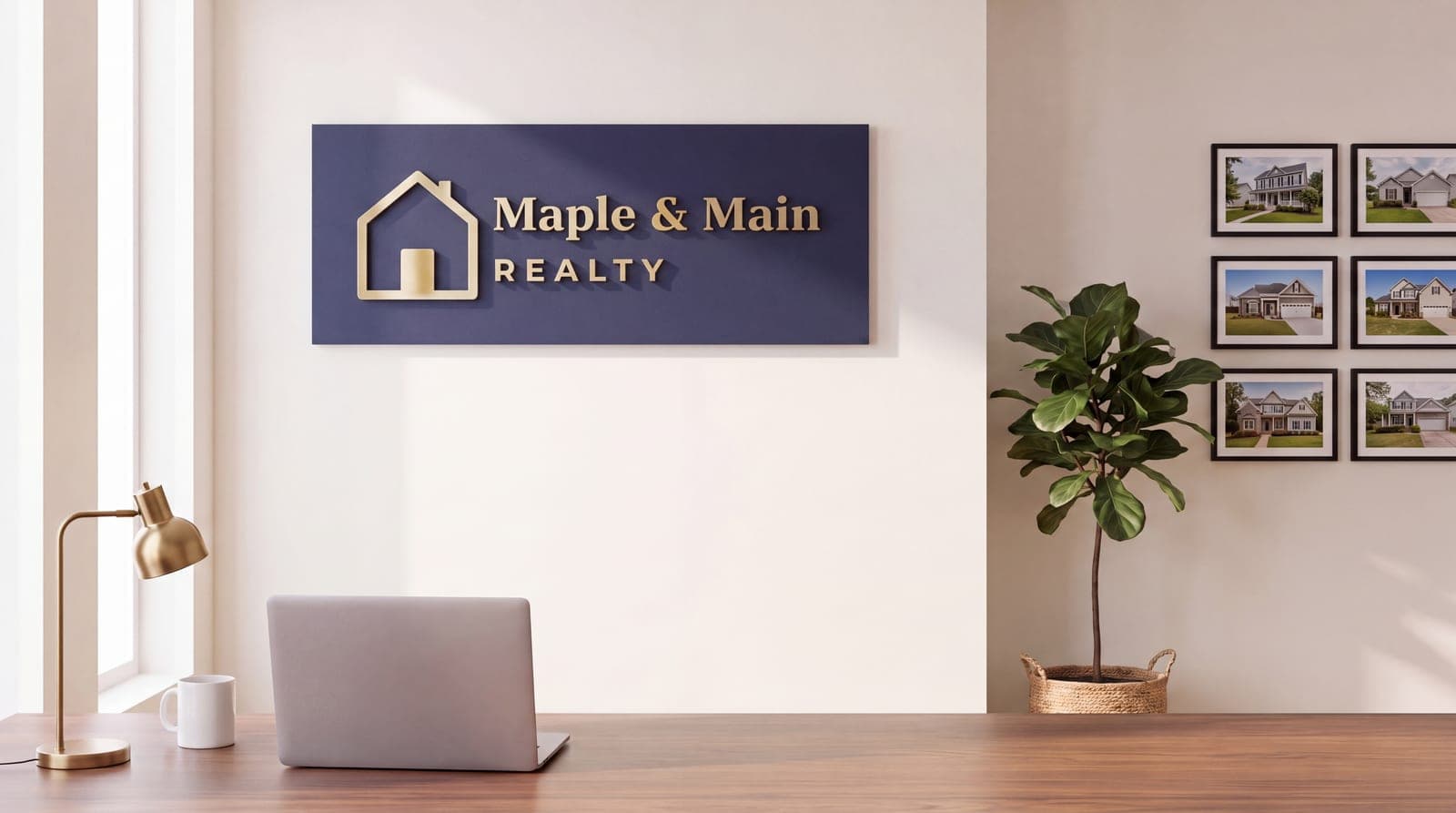 Brokerage office with a Maple & Main Realty sign on the wall and a listings wall of framed house photos