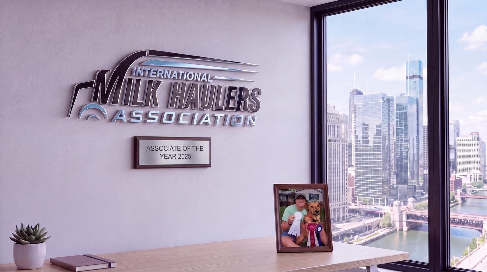 High-rise condo office with the International Milk Haulers Association logo as a chrome sign, an “Associate of the Year 2025” plaque beneath it, and a framed photo on the desk