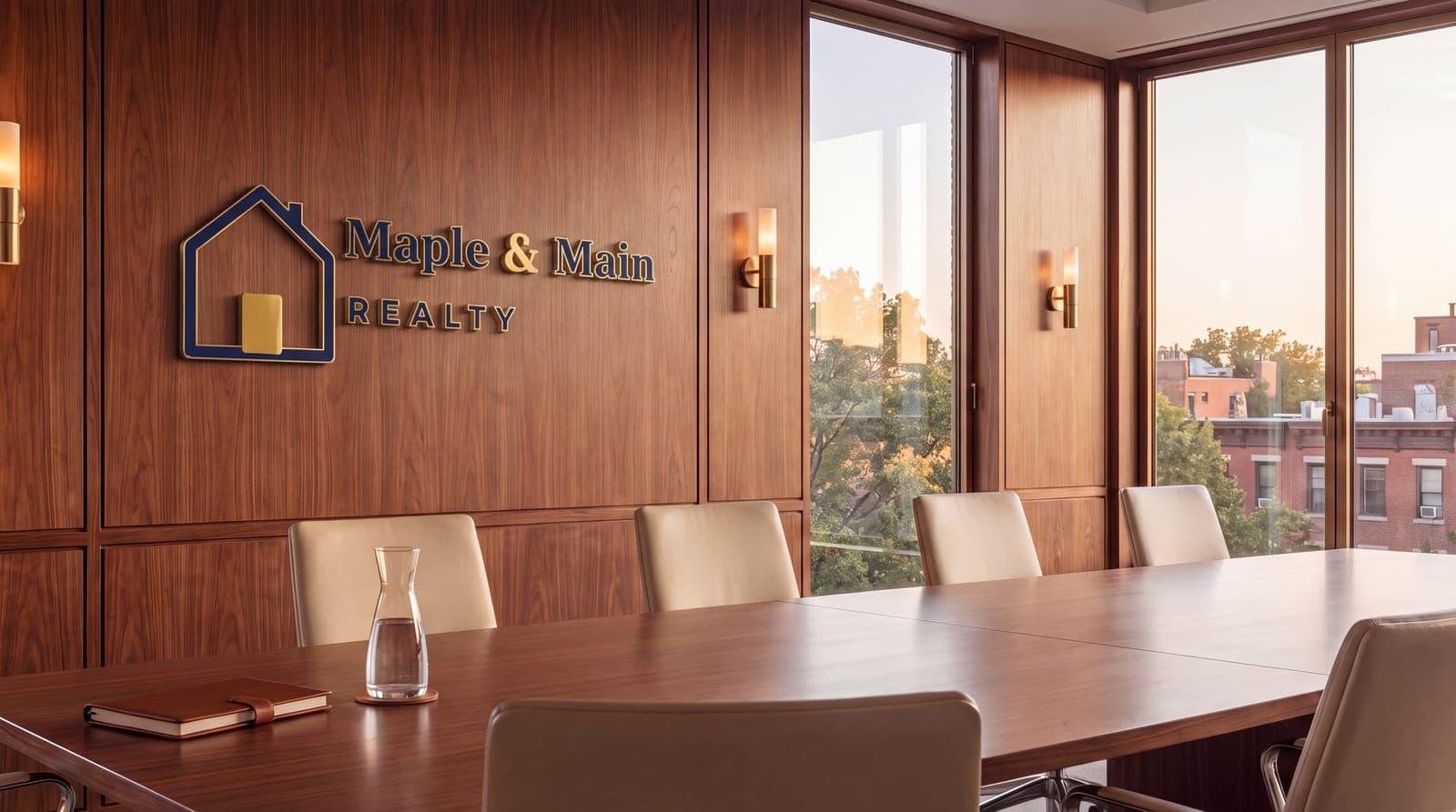 Walnut conference room with a brass Maple & Main Realty sign