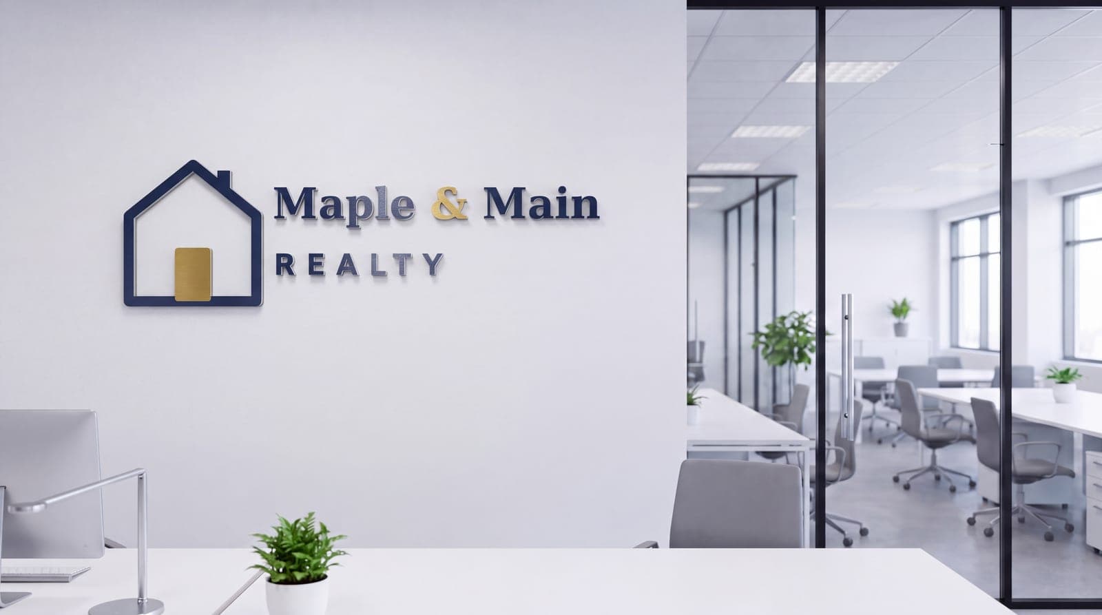 Glass-walled corporate office with a stainless Maple & Main Realty sign