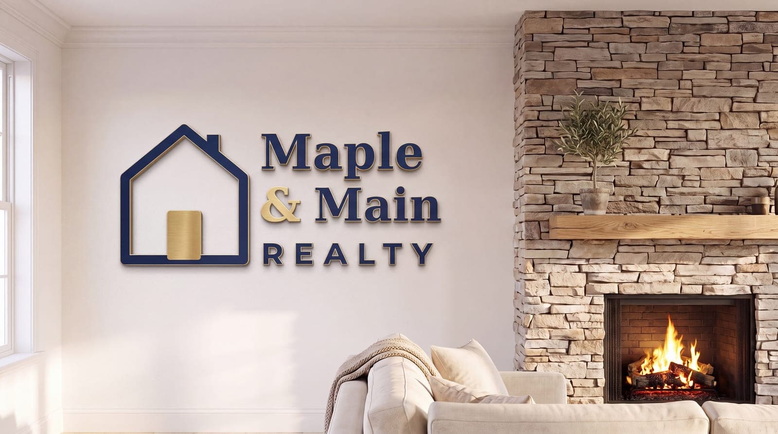Staged living room with a Maple & Main Realty sign above the sofa and a stone fireplace