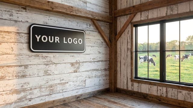 Barn Office with Holsteins: Whitewashed barn boards, timber beams, Holsteins out the picture window.