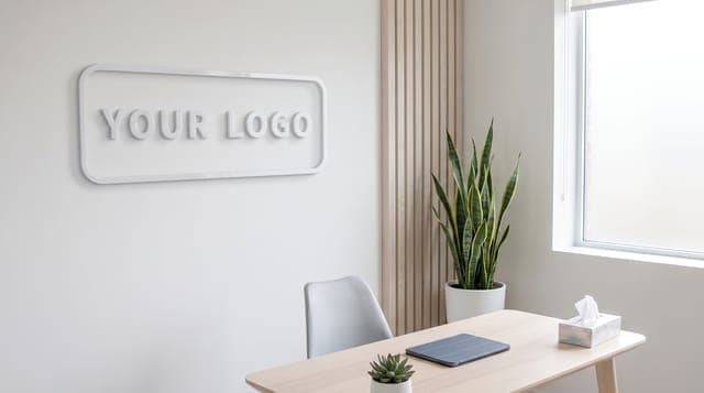 Clinic Consult Room: Soft white walls, pale wood, a leafy plant. Calm and clean.