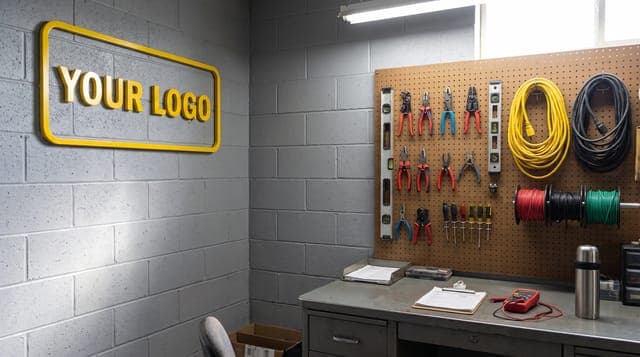 Electrical Shop Office: Pegboard tool wall, coiled wire spools, a steel desk. Honest and organized.