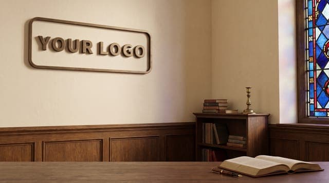 Parish Office: Warm plaster, dark oak trim, colored light from a stained-glass window.