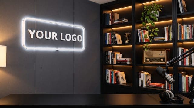 Bookshelf Podcast Studio: Dark bookshelf wall, warm LED strip, a boom-arm mic and acoustic panels.