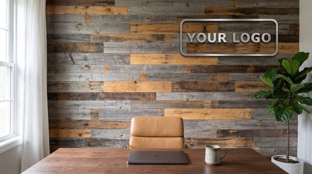 Reclaimed Wood Office: Warm plank feature wall, dark desk, soft daylight from the left.